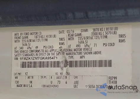 2016 Ford Transit-150 Xl from USA, damaged, VIN 1FMZK1ZM7GKA95471